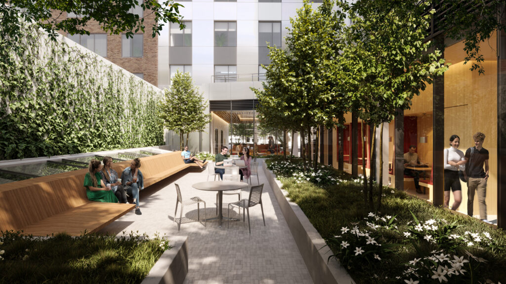Rendering of outdoor terrace at Weill Cornell Medicine's new student residence via Perkins and Will.