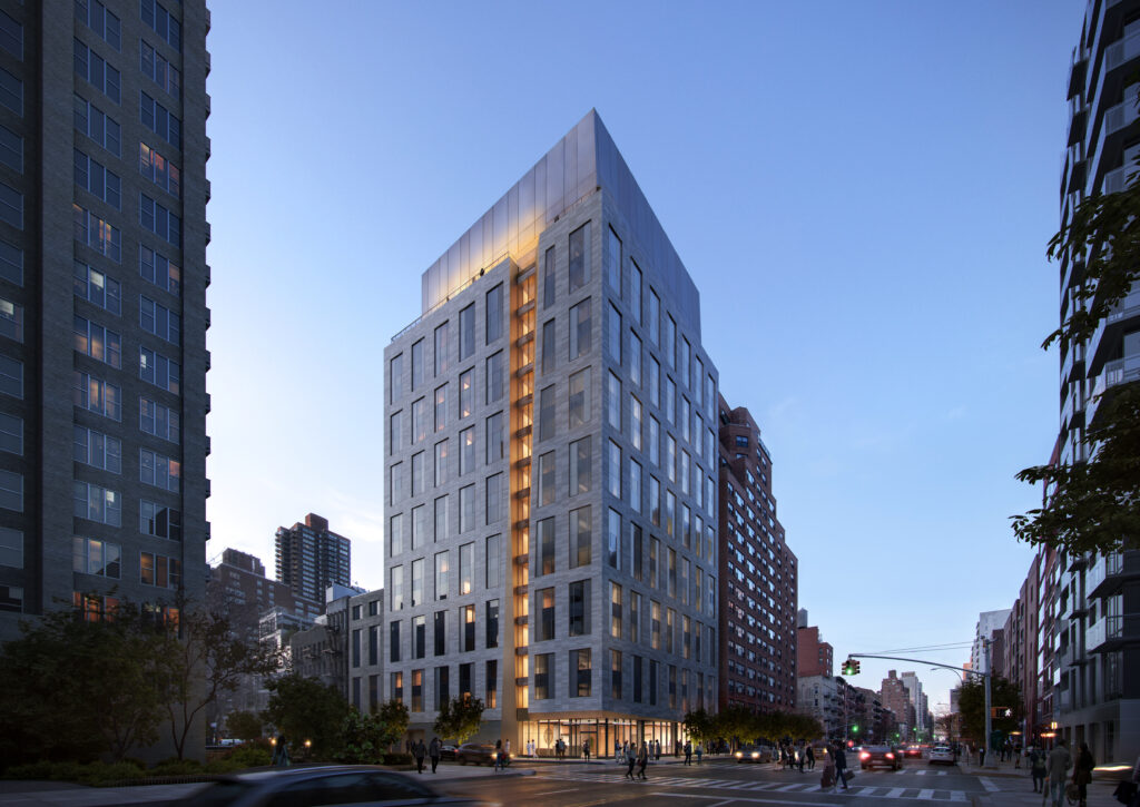 External rendering of Weill Cornell Medicine's new student residence at night via Perkins and Will.