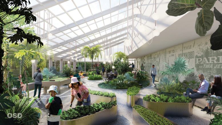 Rendering of indoor garden at Baisley Park, courtesy of Slate Property Group