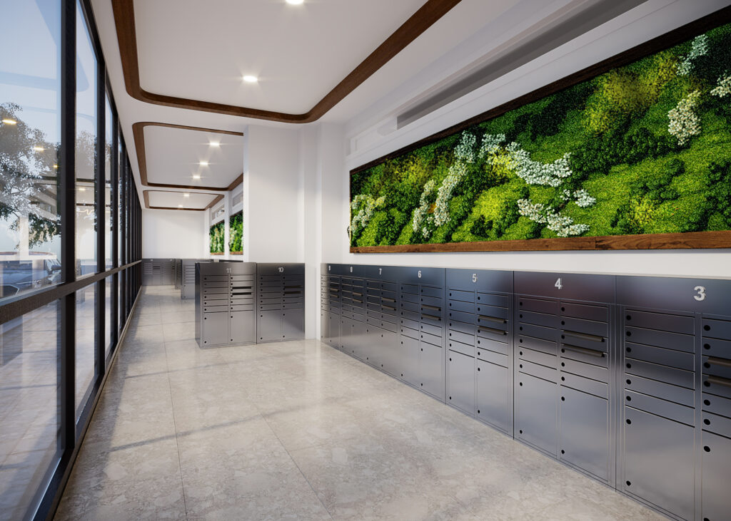 Rendering of entry mail area at Baisley Park, courtesy of Slate Property Group