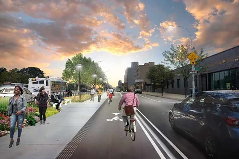 Renderings of new bike lanes on Queens Boulevard, courtesy of the New York City Department of Transportation