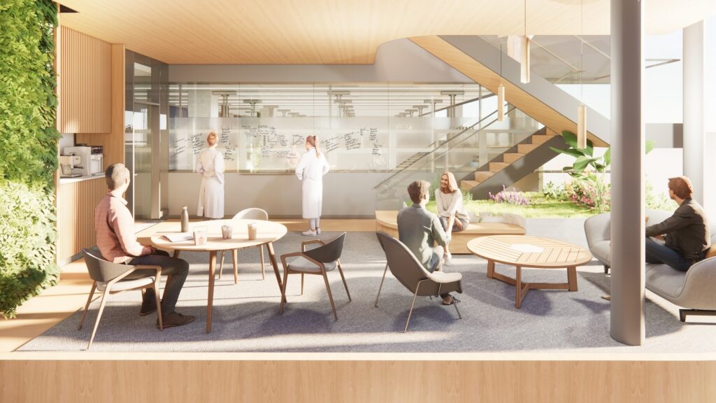 Rendering of workspace inside new biomedical research building at Columbia University, by RGB