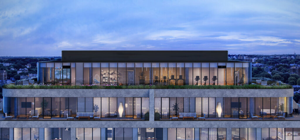 Rendering of amenity level at 387 8th Street, by INOA Architecture