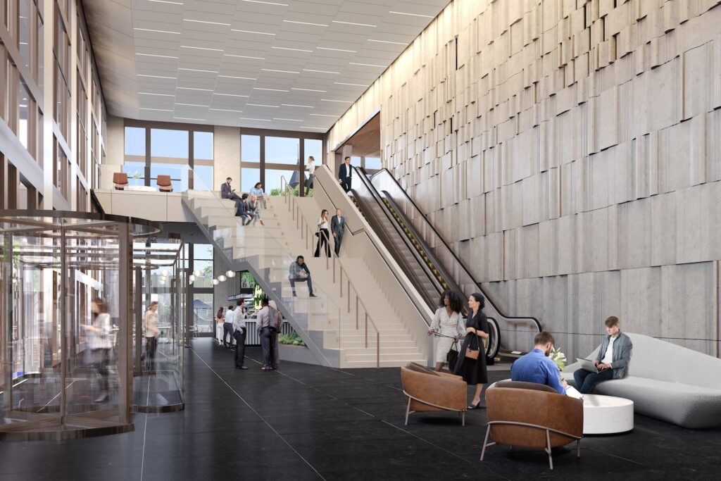 Rendering of lobby of office building at Hoboken Connect, courtesy of LCOR