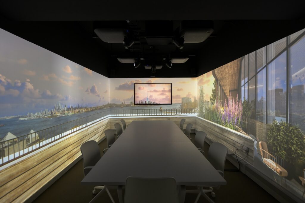 Photograph of new 280° immersive room at Hoboken Connect, courtesy of Berlin Rosen