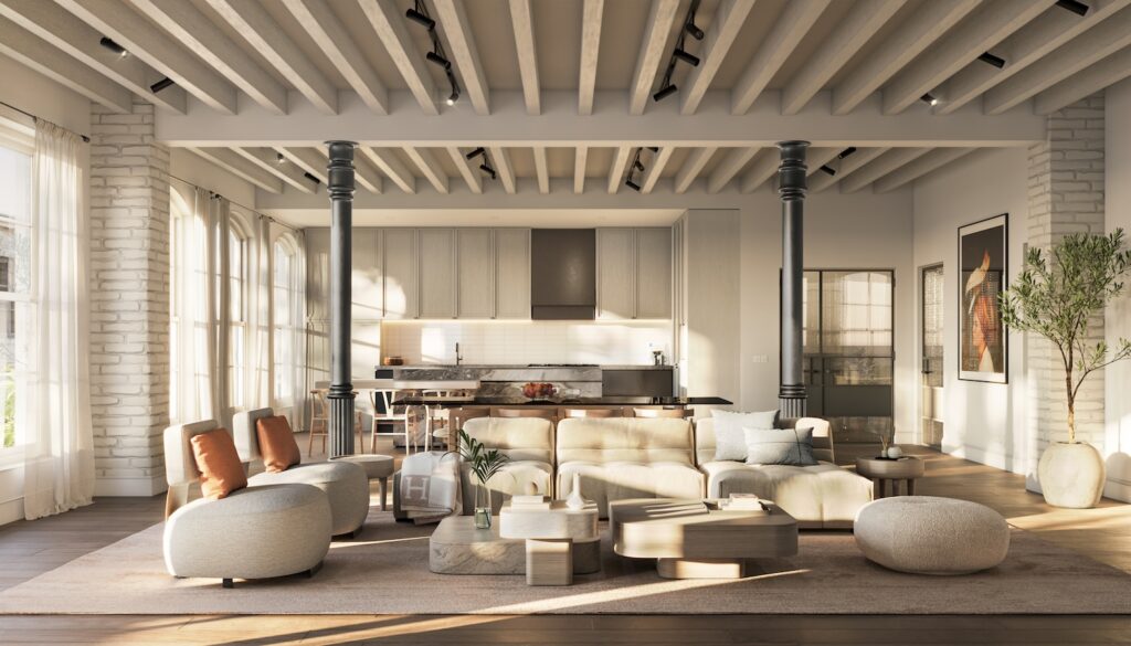 Rendering of living room at 62 Reade Street, courtesy of ODA