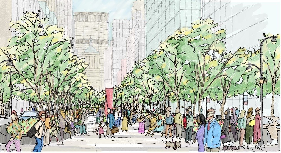 Concept sketch for a reimagined Park Avenue with wider median. Credit: New York City Department of Transportation