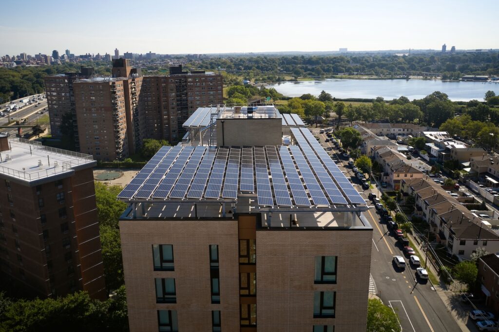 Photograph of rooftop solar arrays on Building C at Apex Place. Credit: Chris Cooper