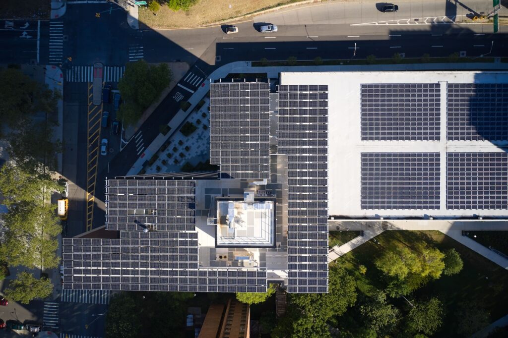 Photograph of rooftop solar arrays on Building C at Apex Place. Credit: Chris Cooper