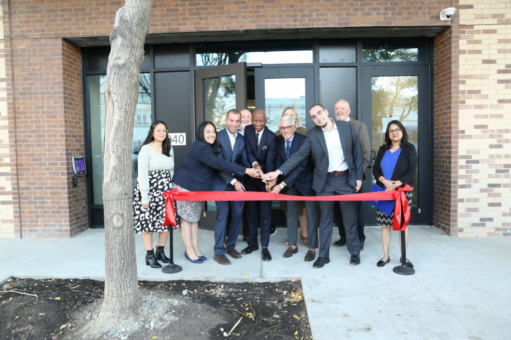 Photograph from ribbon cutting at Park Lane Senior Apartments, courtesy of Asland Capital Partners and Pembroke Development (from left to right: Community Board #9 Assistant District Manager: Shirley SanAndres-Alonzo Community Board Member: Andrea McLeod Majority Leader of the New York City Council Member – District 18: Amanda Farías Consigli Construction Co., Inc.: Chris Viola Pembroke Companies: Joshua Siegel Asland Capital Partners: James Simmons Consigli Construction Co., Inc.: Laura Bush Pembroke Companies: Lawrence Cohen Goldman Sachs: Alan Sage Pembroke Companies: Peter Gray Selfhelp Community Services: Mohini Mishra: Mohini Mishra)