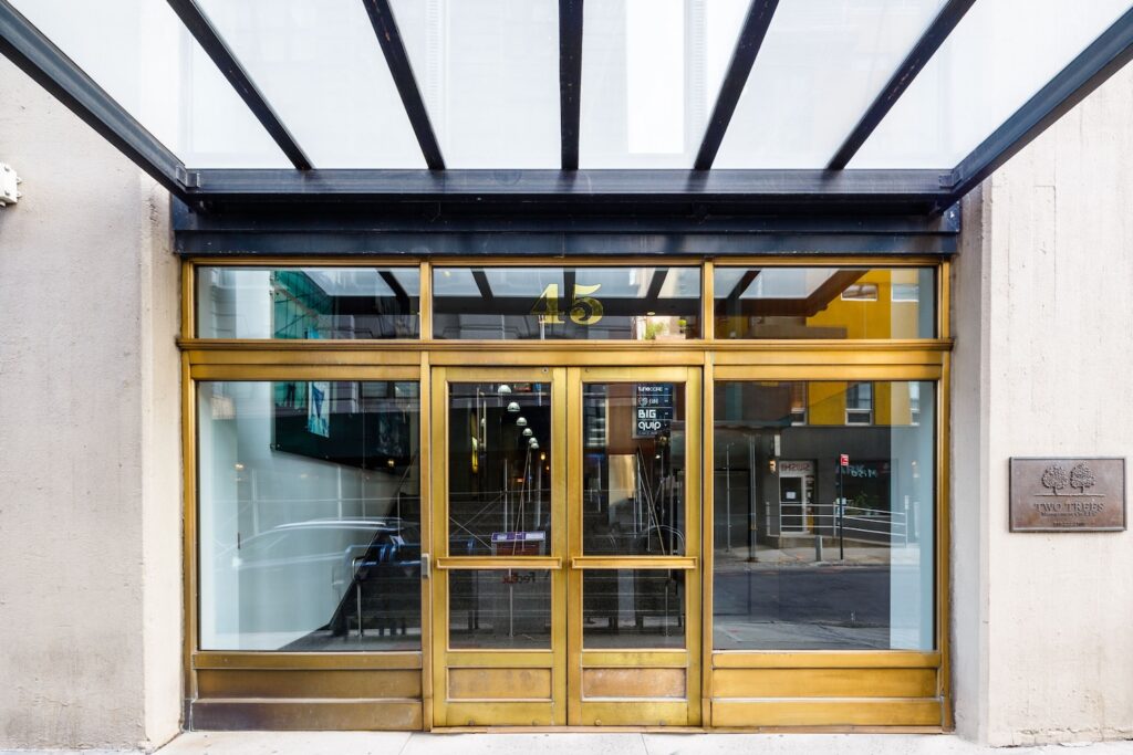 Photograph of entrance at 45 Main Street, courtesy of Two Trees Management