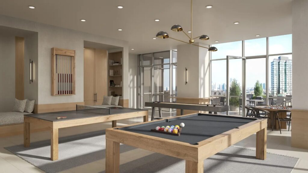 Rendering of game room at The Journal. Designed by Woods Bagot