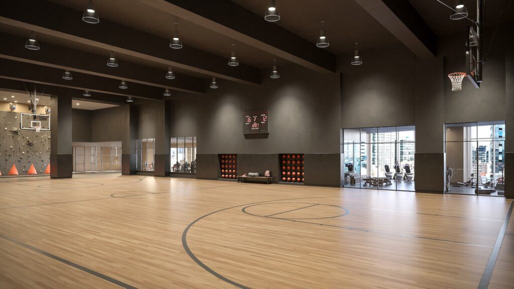 Rendering of basketball court at The Journal. Designed by Woods Bagot