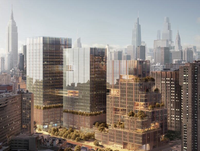 Aerial rendering of SPARC Kips Bay, looking northwest, via edc.nyc