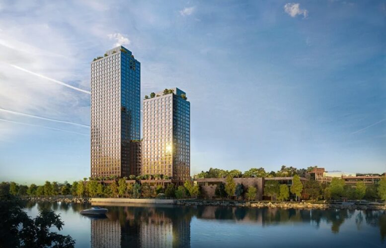 Rendering of 355 Exterior Street. Designed by Hill West Architects