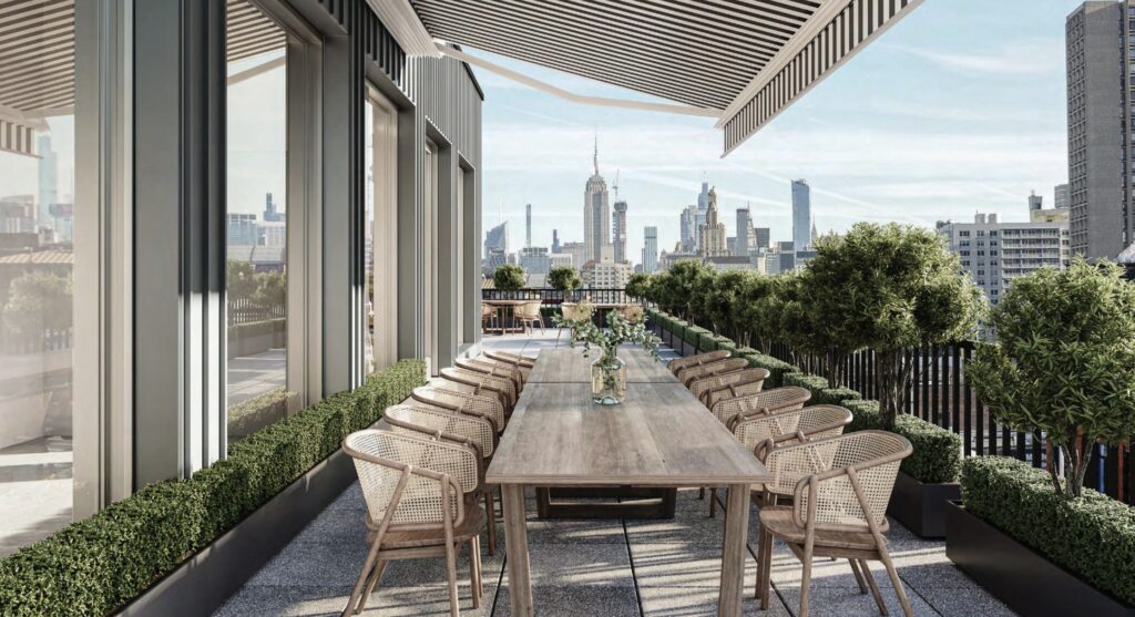 The rooftop terrace at 430 West Broadway. Designed by Morris Adjmi Architects.