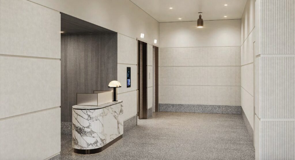 The office lobby at 430 West Broadway. Designed by Morris Adjmi Architects.
