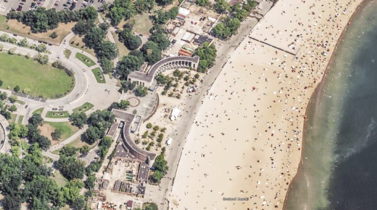 Aerial view of Orchard Beach Pavilion, via LPC proposal