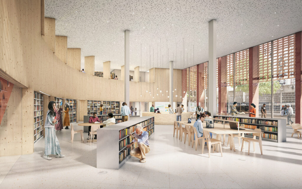 The new Grand Concourse Library at 155 East 173rd Street. Designed by Bernheimer Architecture and Levenbetts Architects. Photo by Secchi Smith.