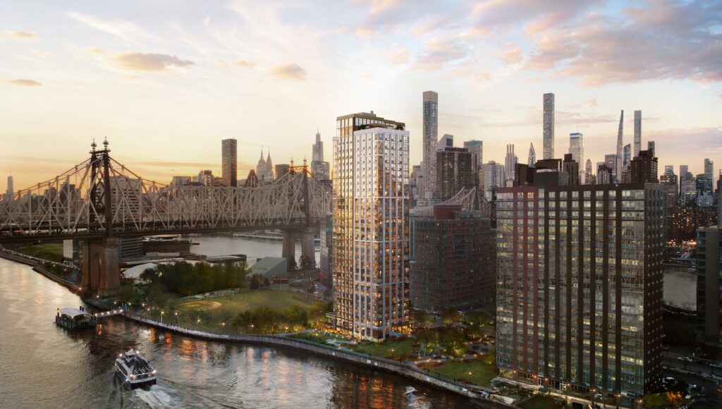 Rendering of Riverwalk Heights on Roosevelt Island. Designed by Handel Architects.