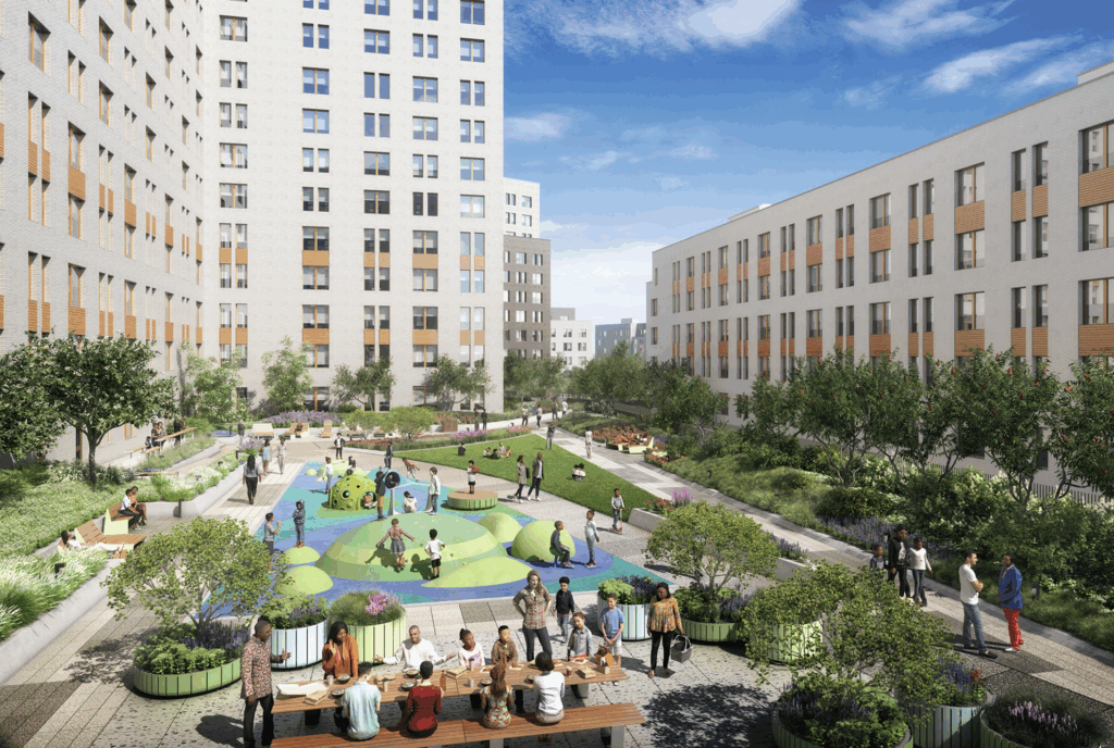 The central courtyard between Buildings C1 and C2 at Alafia. Designed by Dattners Architects.