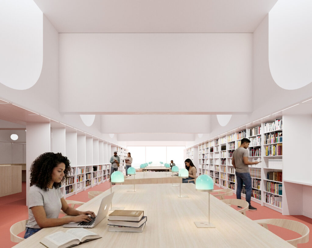 The adult reading room at Castle Hill Library. Rendering courtesy of Abruzzo Bodziak Architects. 