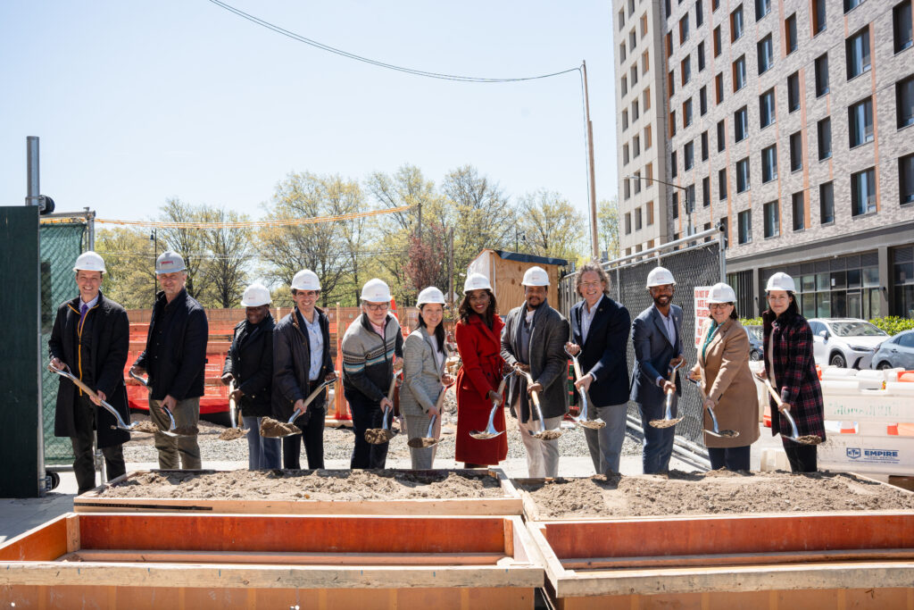 Groundbreaking ceremony. From left to right: Steven Lovci, Vice President of Capital Projects & Development of Phipps Houses; GregBauso of Monadnock Construction; Alice Lowman, Chairwoman of Brooklyn Community Board 5; Patrick Love, Deputy Commissioner of Development from Housng Preservation & Development; Michael Wadman, VicePresident of Development of Phipps Houses; Thu Tran of Citi Community Capital; Asahi Pompey, Chair of the Urban Investment Group at Goldman Sachs; Dominique Alexandre, Director of Community Engagement from the Office of Council Member Sandy Nurse; AdamWeinstein, President & CEO of Phipps Houses; Andre White, Executive Director & CEO; Cathy Pennington, Senior Vice President & General Manager of Phipps Houses; and Lauren Connors, Senior Vice President of Development from Housing Preservation & Development. Image courtesy of Phipps Houses.