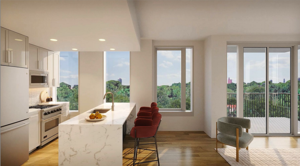 A typical residence in the new residential buildings at the Bay Terrace Shopping Center. Rendering courtesy of Cord Meyer Development