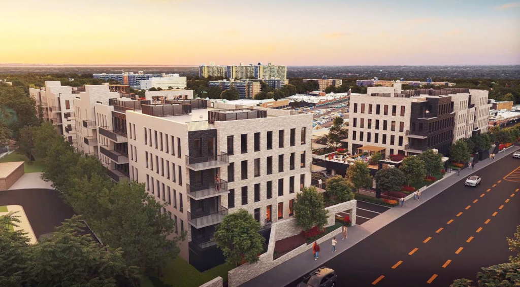 The new residential buildings at the Bay Terrace Shopping Center. Rendering courtesy of Cord Meyer Development