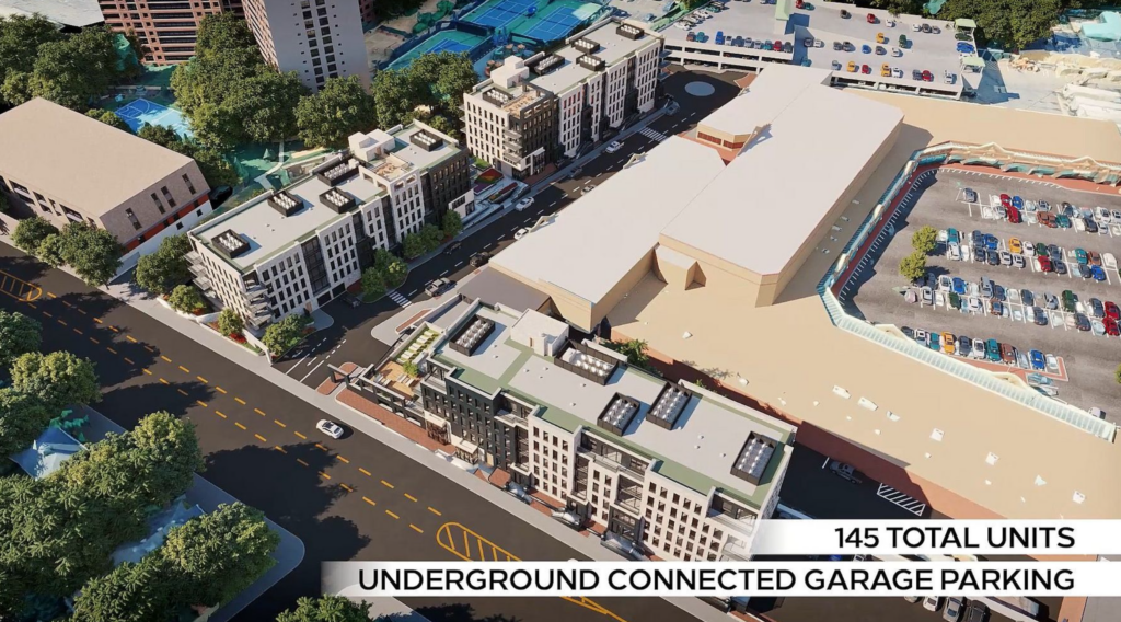 The new residential buildings at the Bay Terrace Shopping Center. Rendering courtesy of Cord Meyer Development