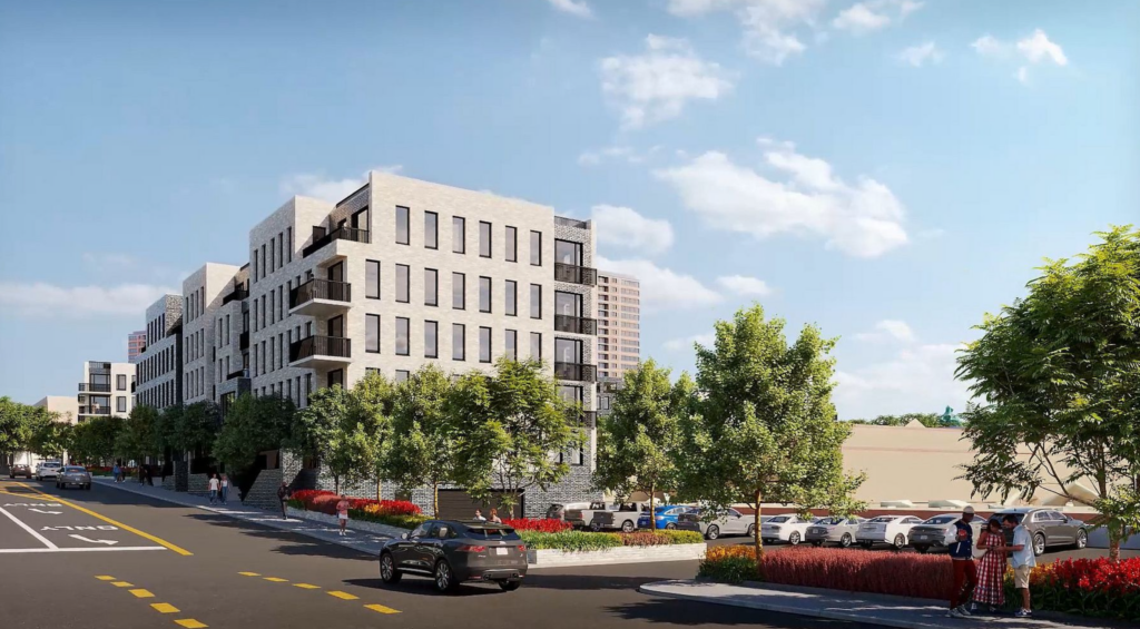 The new residential buildings at the Bay Terrace Shopping Center. Rendering courtesy of Cord Meyer Development