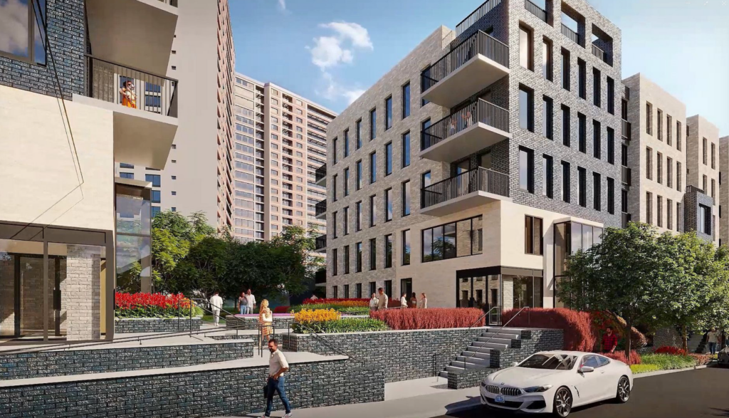 The new residential buildings at the Bay Terrace Shopping Center. Rendering courtesy of Cord Meyer Development