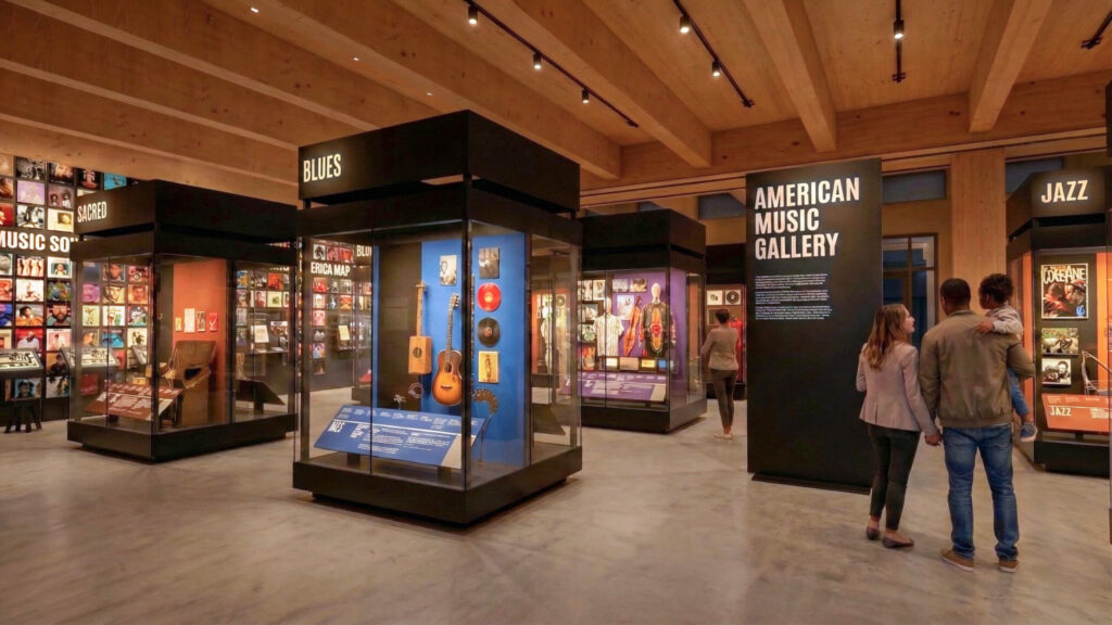 The gallery space at The Bruce Springsteen Music Center For American Music (BSCAM). Designed by COOKFOX and LaGuardia Design Group.