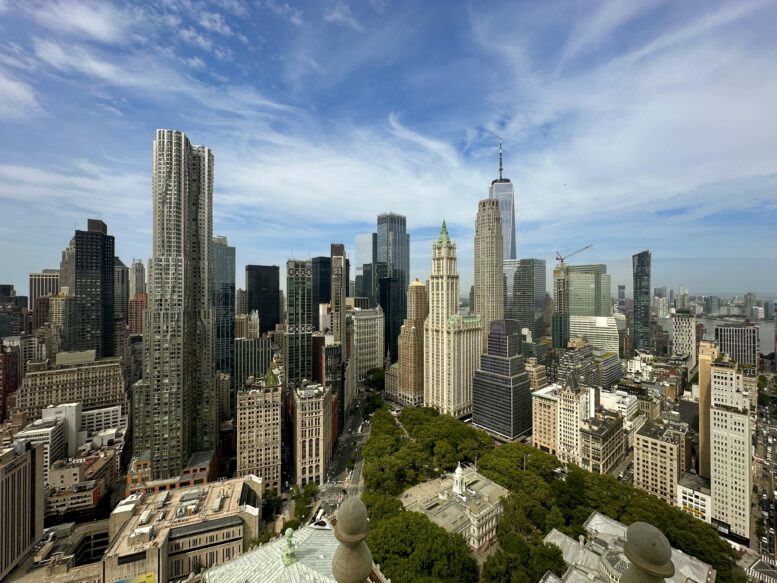 Looking south at the Lower Manhattan skyline from the top of the David N. Dinkins Municipal Building at 1 Centre Street. Photo by Michael Young.