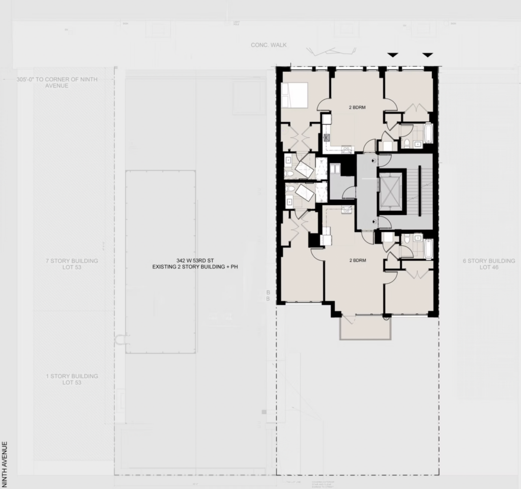 338 West 53rd Street. Floor plan courtesy of Kutnicki Bernstein Architects.