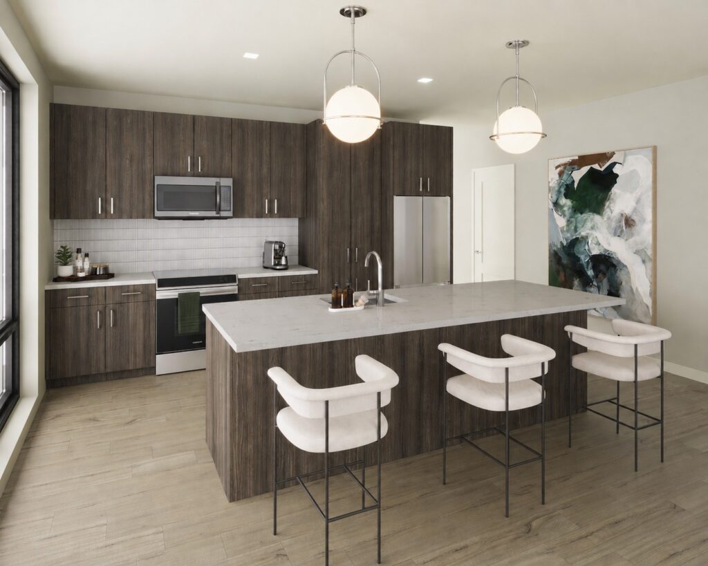 A typical kitchen layout. Rendering courtesy of MHS Architecture.