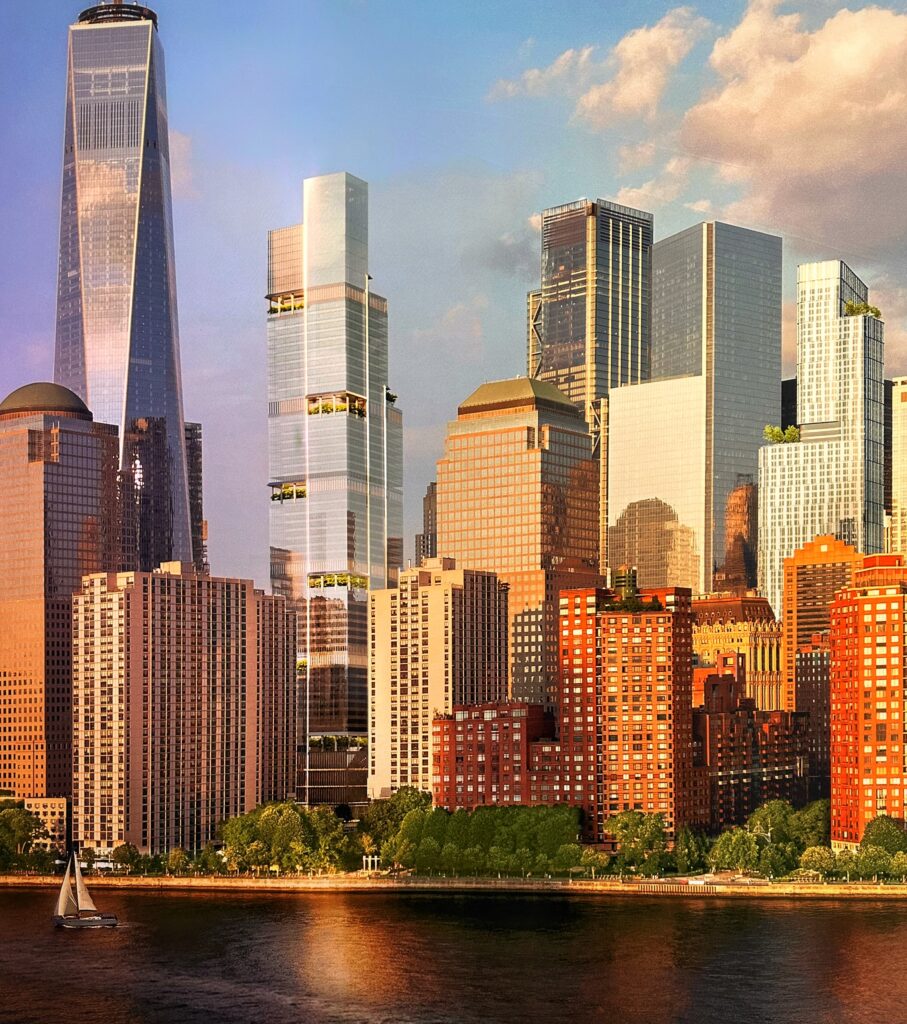 A new rendering of the World Trade Center complex seen at the groundbreaking ceremony for 2 World Trade Center. Photo by Michael Young.