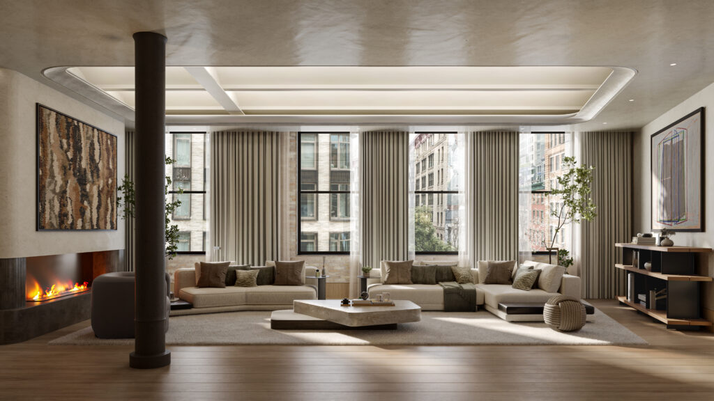 A living room at 43 Bleecker Street. Rendering courtesy of Rigby & Rigby.