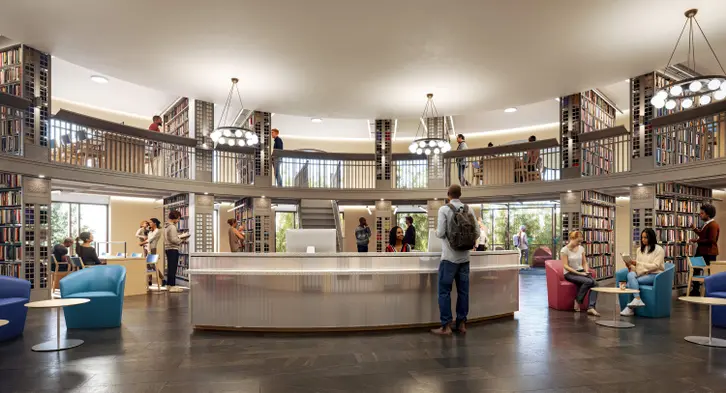 Level one of the reading room area at The Brooklyn Public Library - Pacific Branch at 25 Fourth Avenue. Rendering courtesy of Safdie Architects.