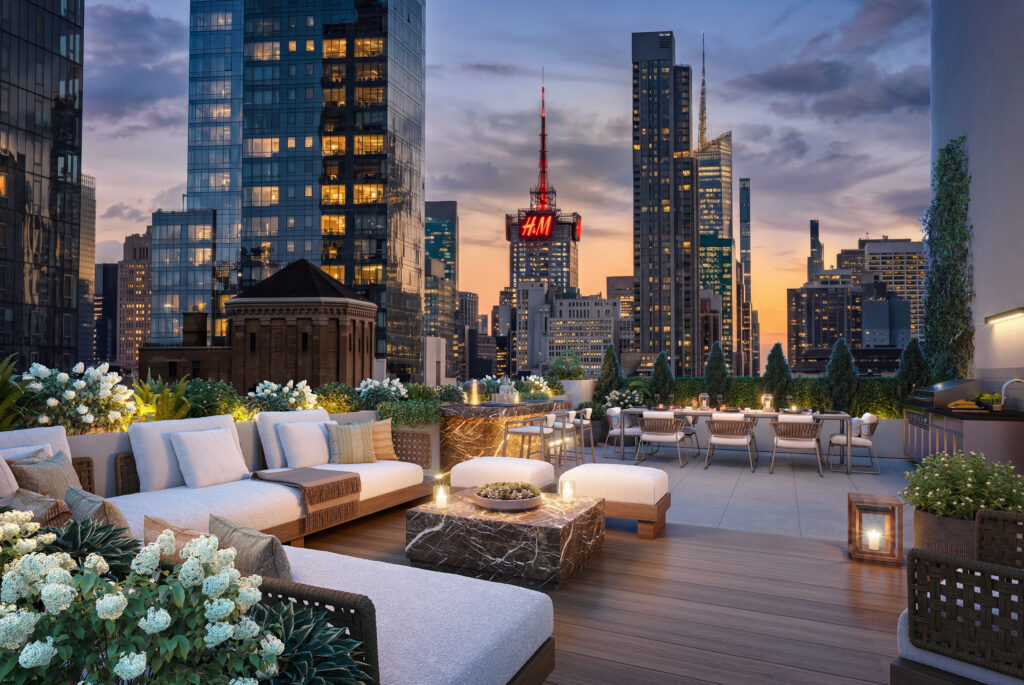 The rooftop terrace at Loggia NoMad at 842 Sixth Avenue. Rendering courtesy of Brown Harris Stevens.