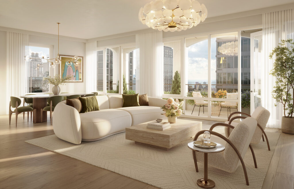 A typical living room at Loggia NoMad at 842 Sixth Avenue. Rendering courtesy of Brown Harris Stevens.