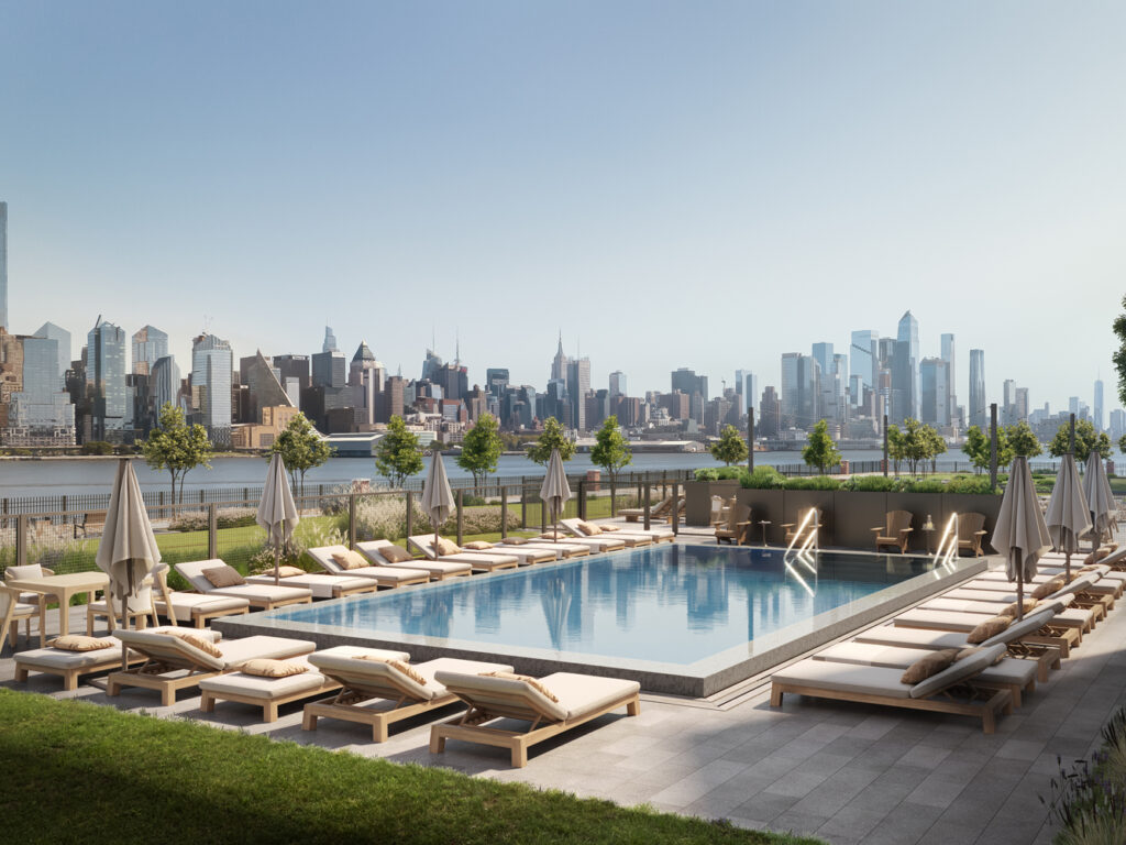 The outdoor swimming pool. Rendering courtesy of Toll Brothers City Living. 