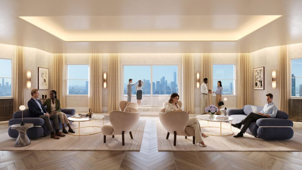 The upcoming amenity lounge on the 61st floor of the Chrysler Building. Rendering courtesy of Tishman Speyer.