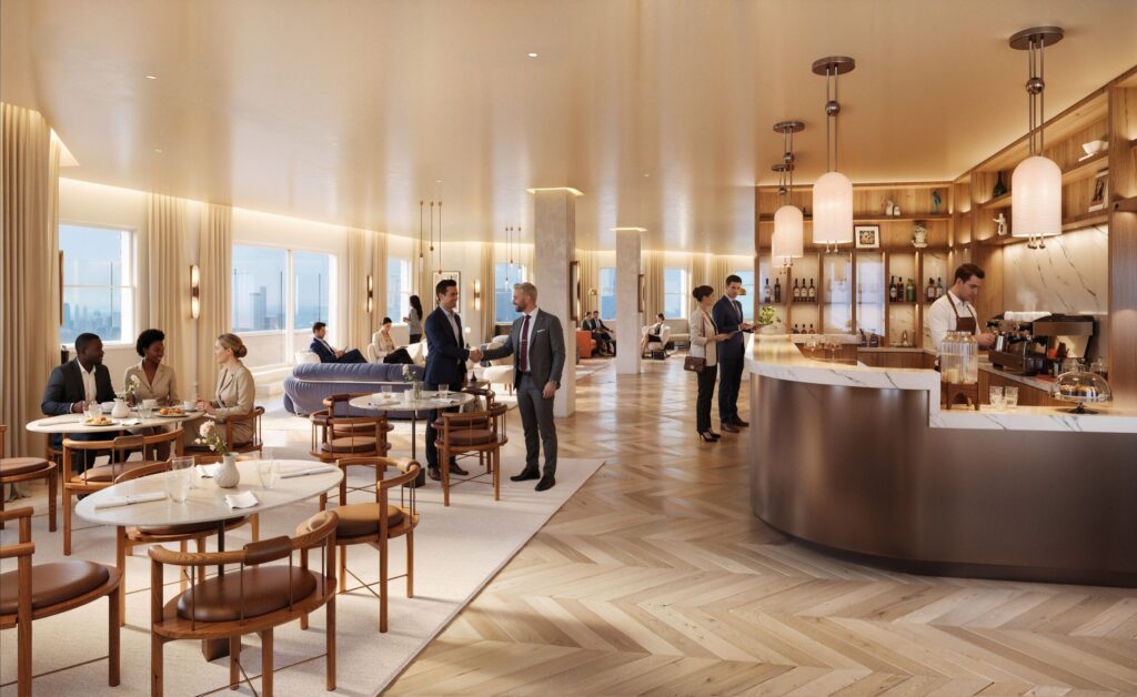 The upcoming amenity lounge on the 61st floor of the Chrysler Building. Rendering courtesy of Tishman Speyer.